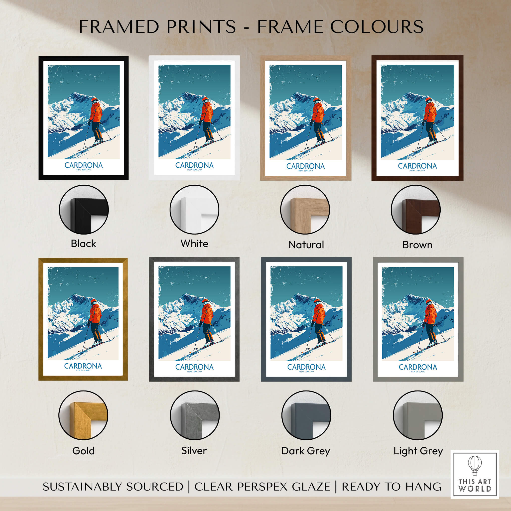 Framed prints color options for Cardrona Ski Print - New Zealand, showcasing black, white, natural, brown, gold, silver, dark grey, and light grey frames.