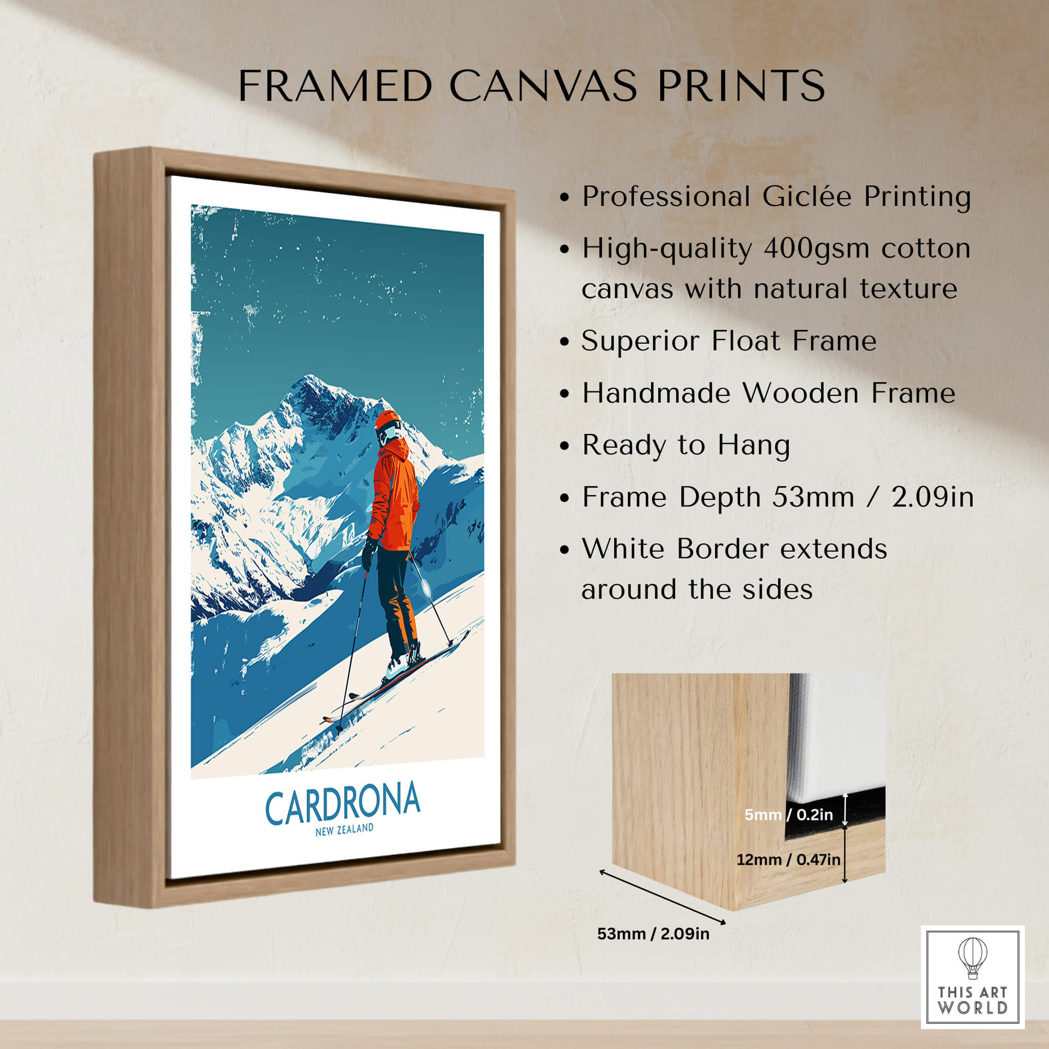 Cardrona Ski Print - New Zealand framed canvas print with professional giclée printing and natural texture.
