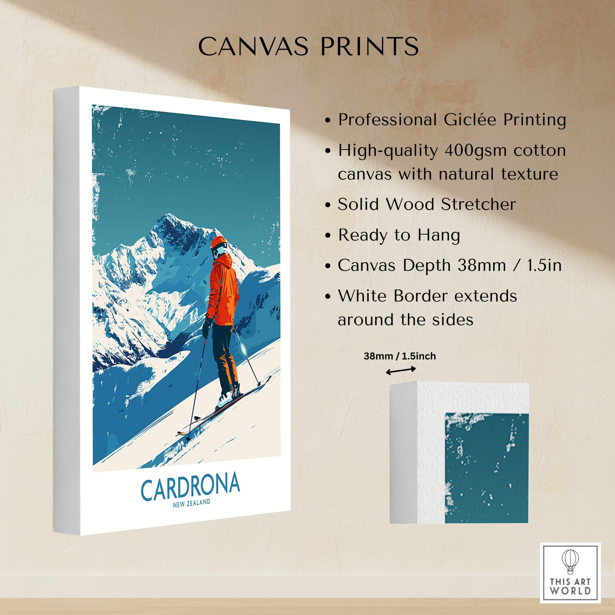 Cardrona Ski Print - New Zealand displayed as a canvas print featuring vibrant colors and texture.