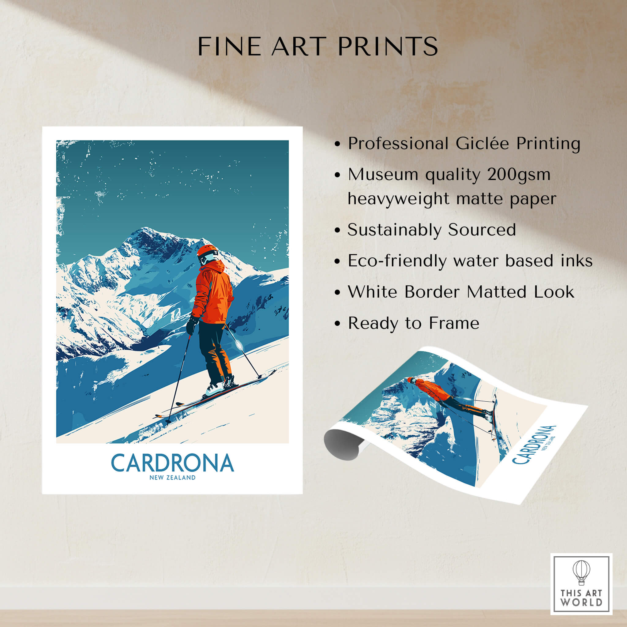 Cardrona Ski Print - New Zealand showcasing professional Giclée printing and stunning ski resort landscape.
