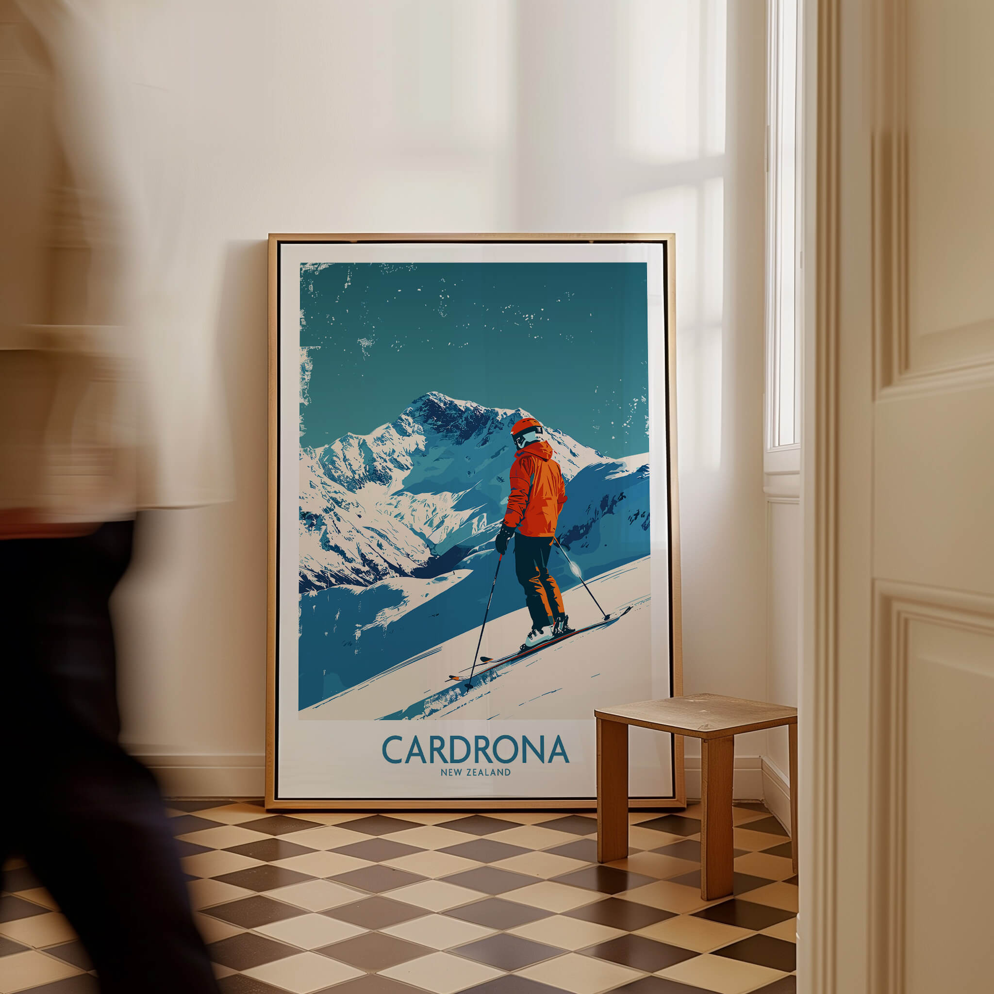 Cardrona Ski Print -  New Zealand featuring a skier against a beautiful mountain backdrop, perfect for ski enthusiasts.