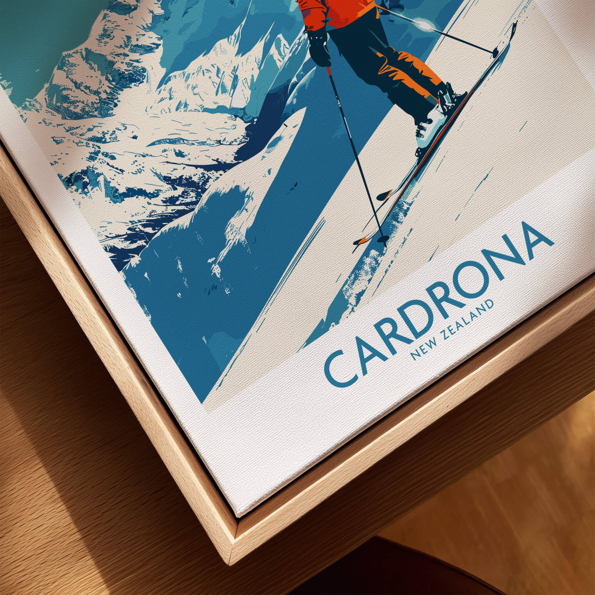 Cardrona Ski Print - New Zealand showcasing a skier against stunning snowy mountains in a modern frame.