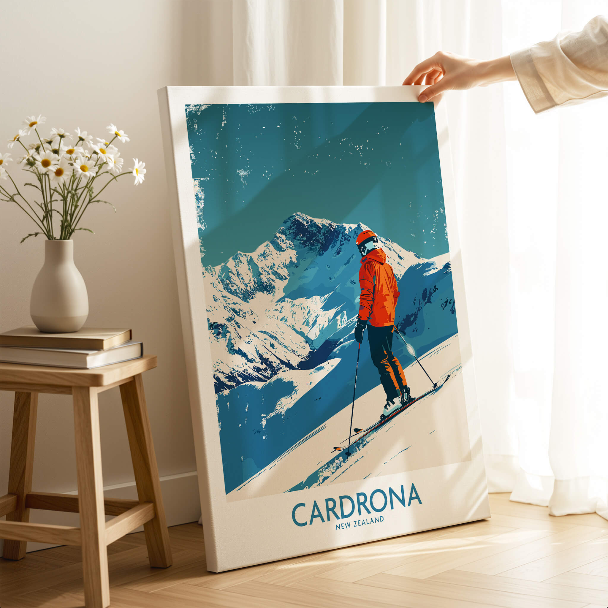 Cardrona Ski Print -  New Zealand showcasing a skier against a stunning mountain backdrop in a cozy room.