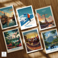 Cardrona Ski Print - New Zealand showcased in a collection of travel posters including Venice, Paris, Singapore, Barcelona, Sri Lanka.