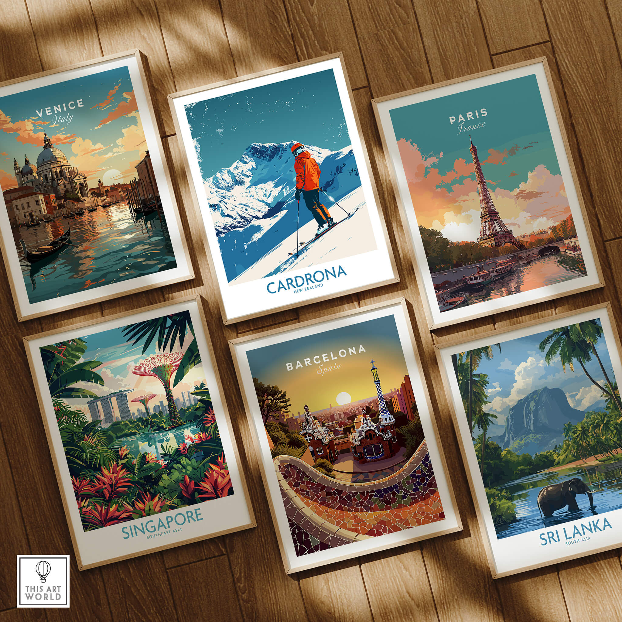 Cardrona Ski Print - New Zealand showcased in a collection of travel posters including Venice, Paris, Singapore, Barcelona, Sri Lanka.