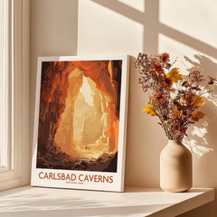 Carlsbad Caverns National Park art print on windowsill with vase of dried flowers
