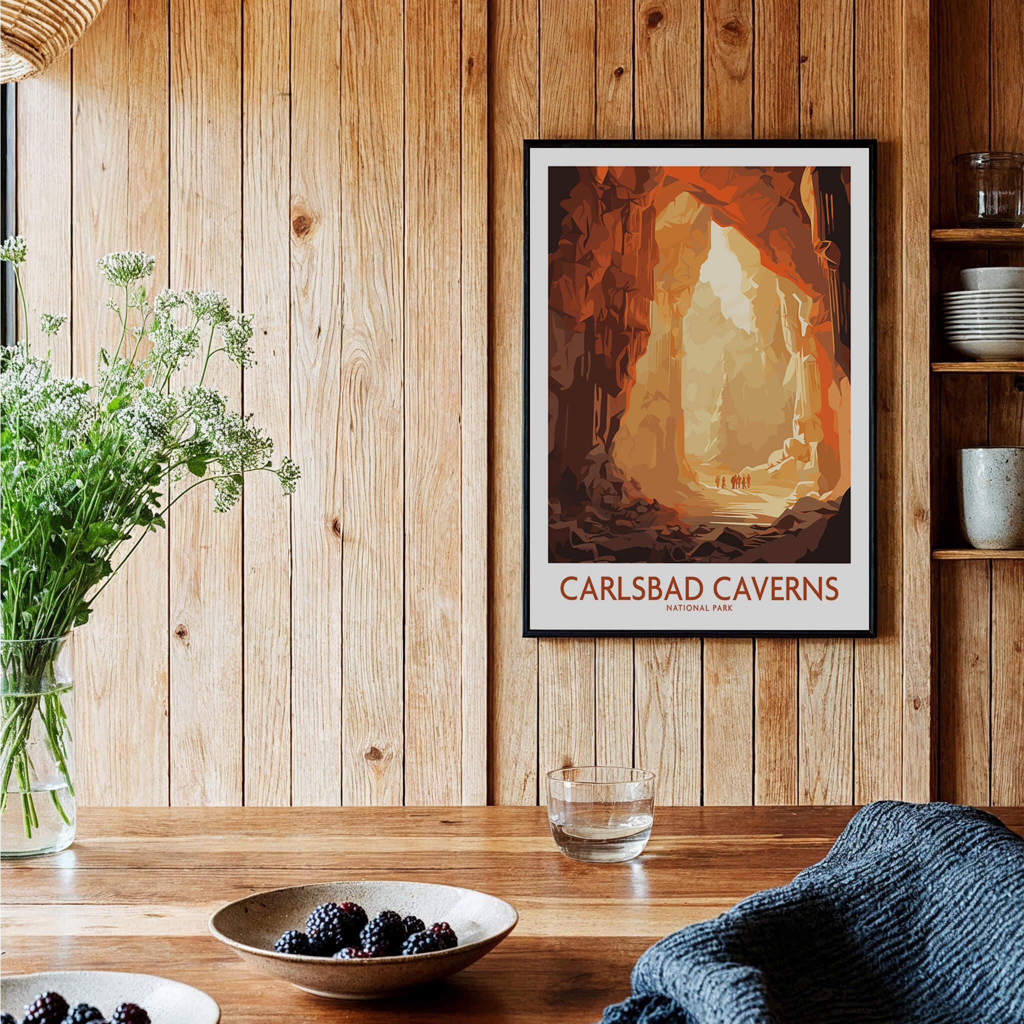 Carlsbad Caverns National Park travel poster art print in black frame, kitchen wall decor