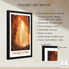 Framed Carlsbad Caverns National Park art print with size and quality details on wall.