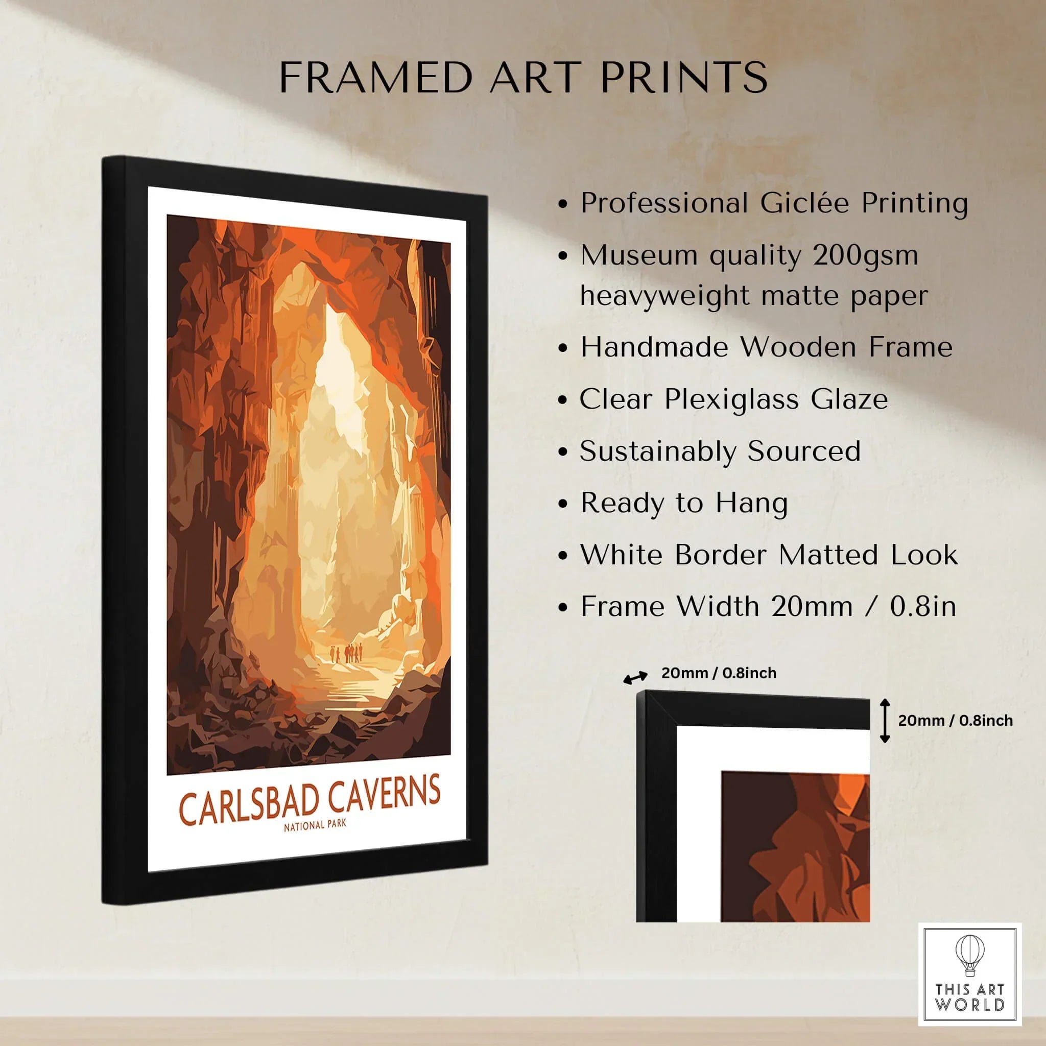 Framed Carlsbad Caverns National Park art print with size and quality details on wall.