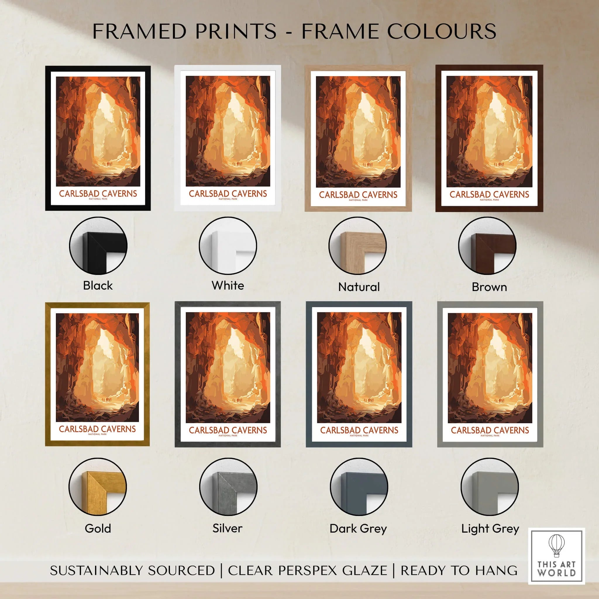 Carlsbad Caverns travel poster print with seven frame color options, including black, white, natural, brown, gold, silver, dark grey, and light grey.