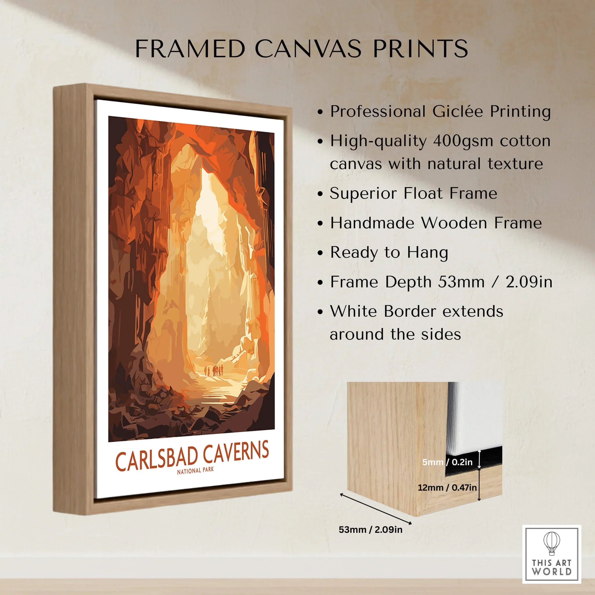 Framed Carlsbad Caverns National Park wall art print with wood float frame and canvas texture.