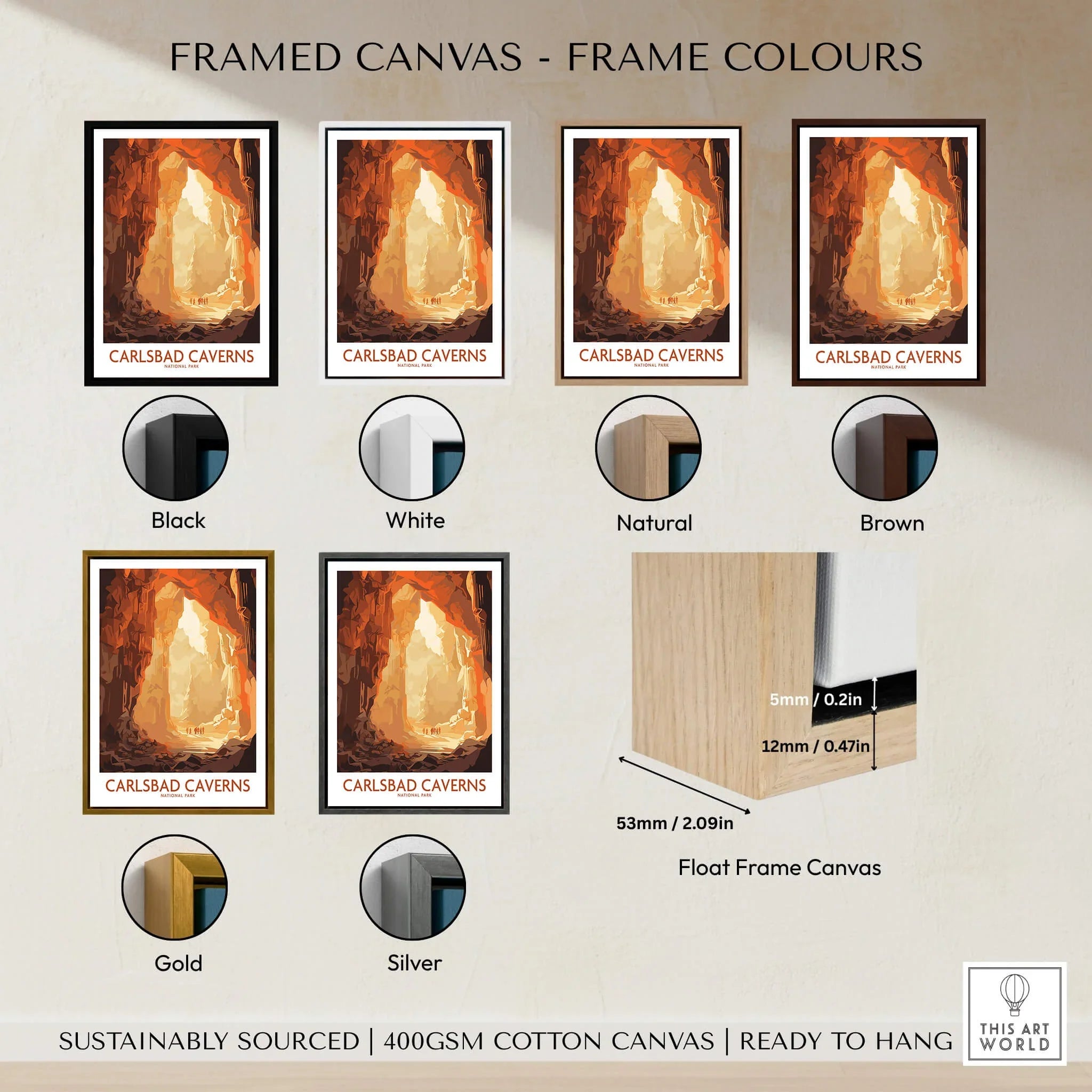 Carlsbad Caverns travel poster print in six frame colour options on float frame canvas