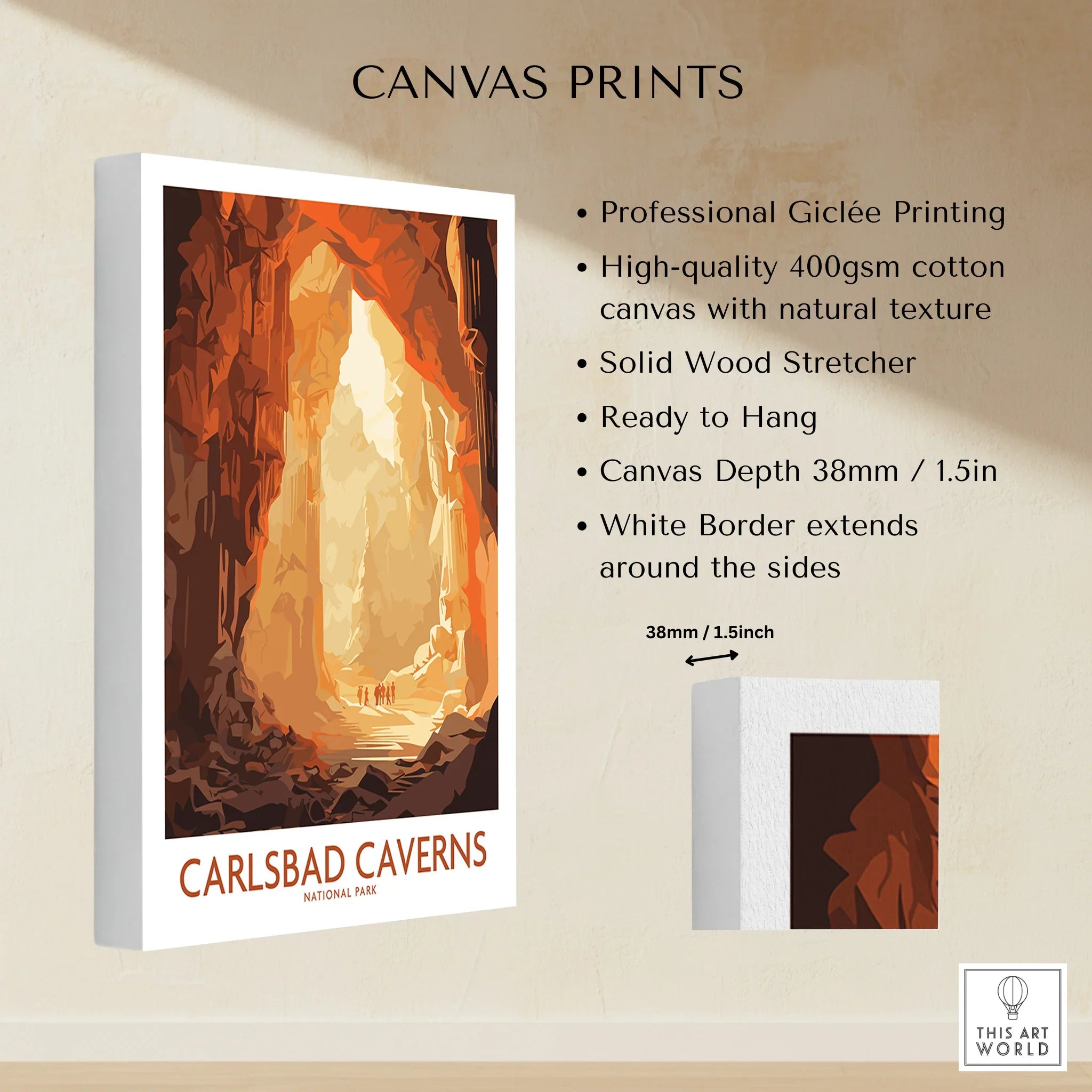 Carlsbad Caverns National Park canvas print with dramatic cave illustration, ready to hang
