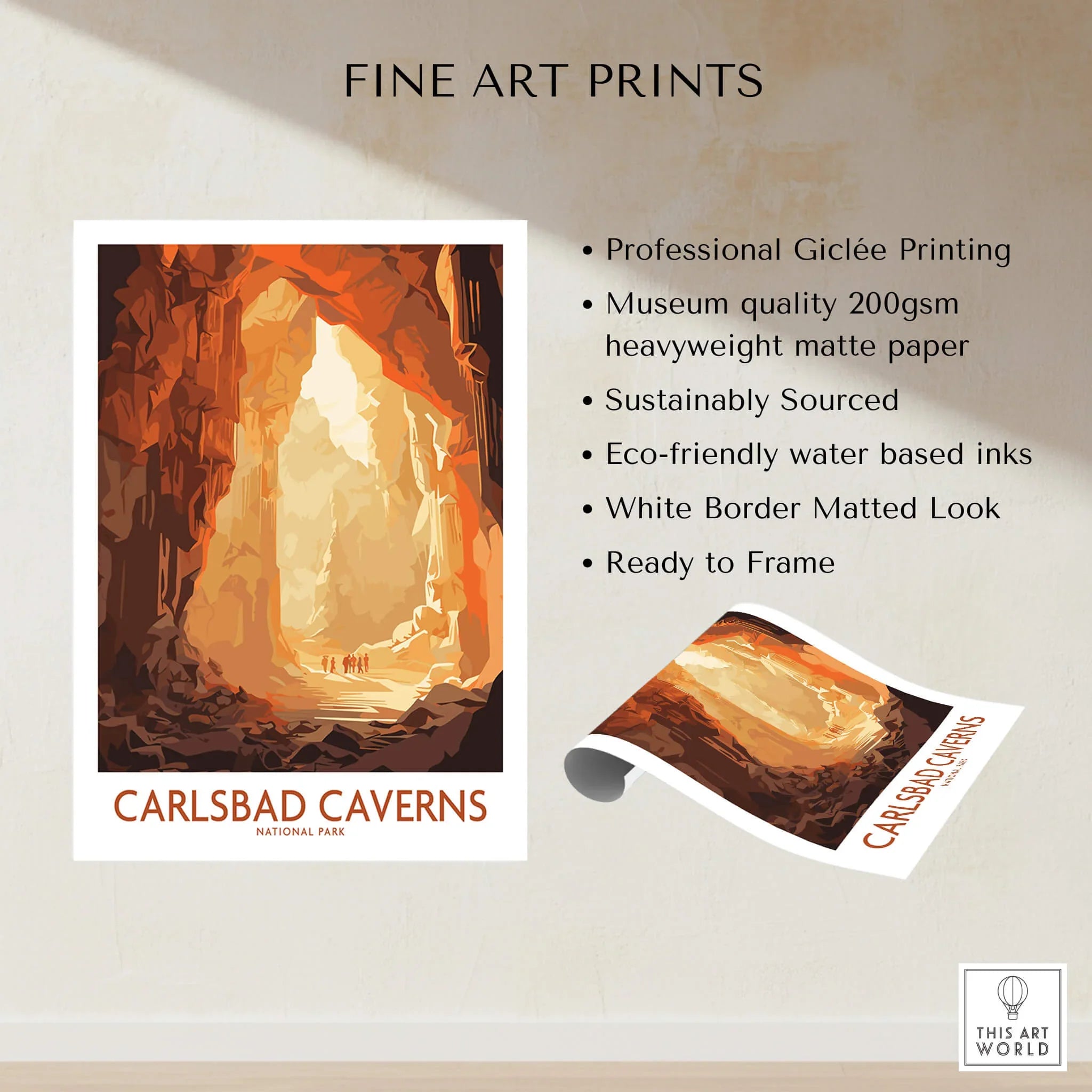 Carlsbad Caverns National Park print, fine art poster with warm cave illustration and details list.