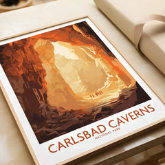 Framed Carlsbad Caverns National Park art print in natural wood frame, close-up view