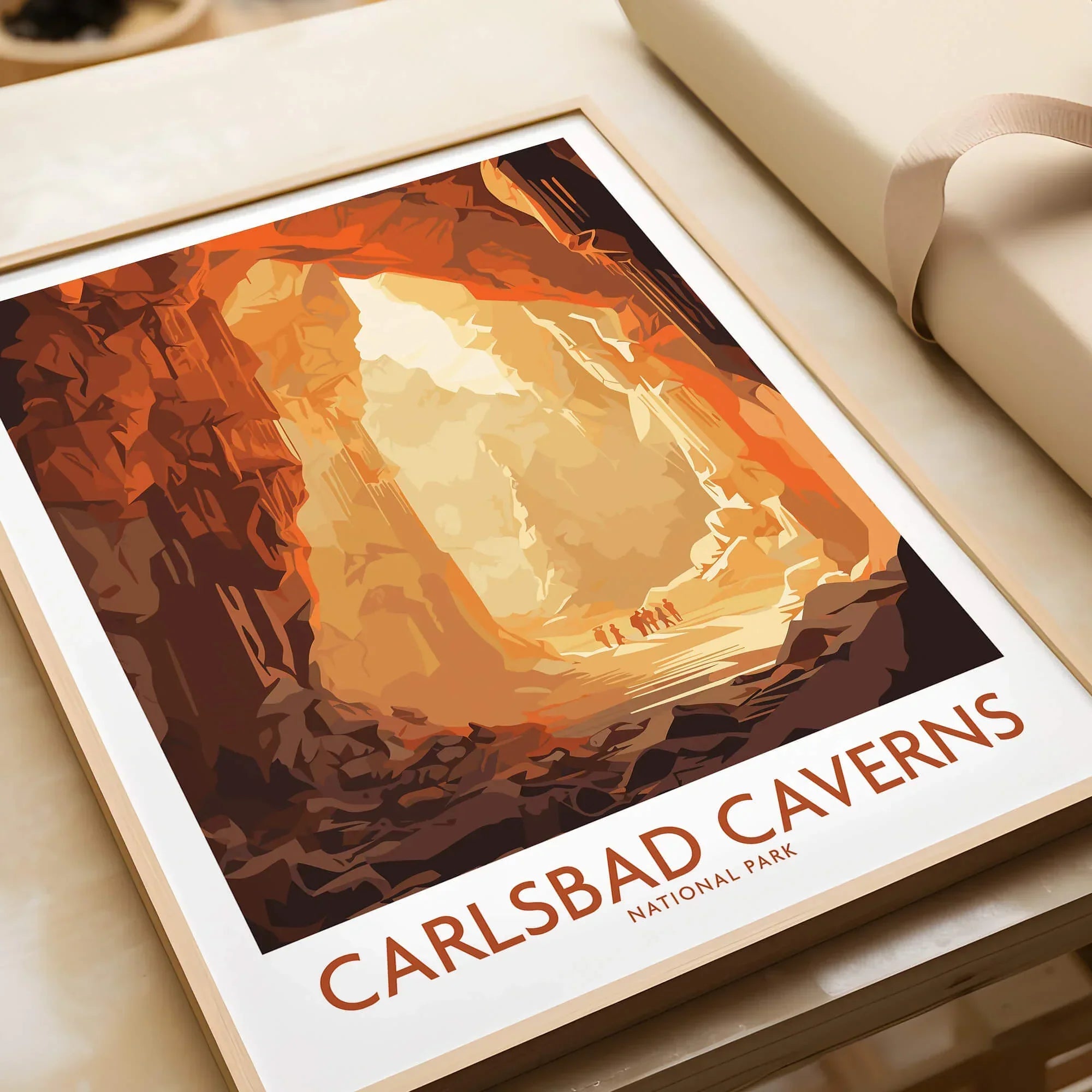 Framed Carlsbad Caverns National Park art print in natural wood frame, close-up view