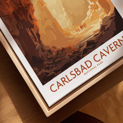 Carlsbad Caverns National Park travel poster in natural wood floating frame, close-up view
