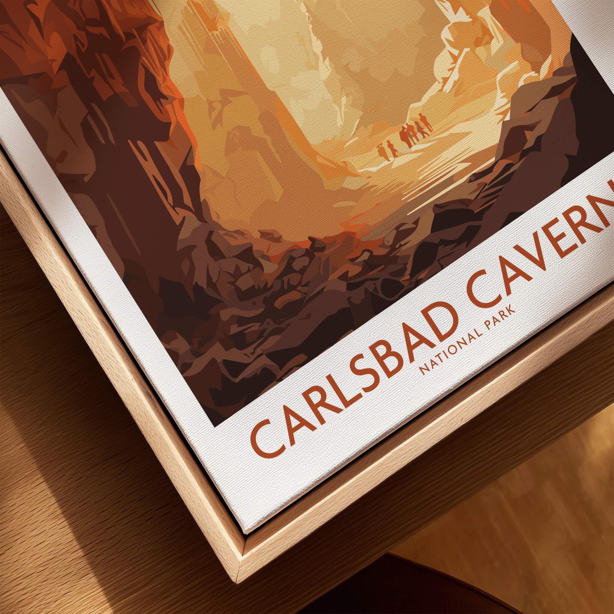 Carlsbad Caverns National Park travel poster in natural wood floating frame, close-up view