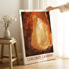 Carlsbad Caverns National Park art print with vivid canyon illustration in modern home setting