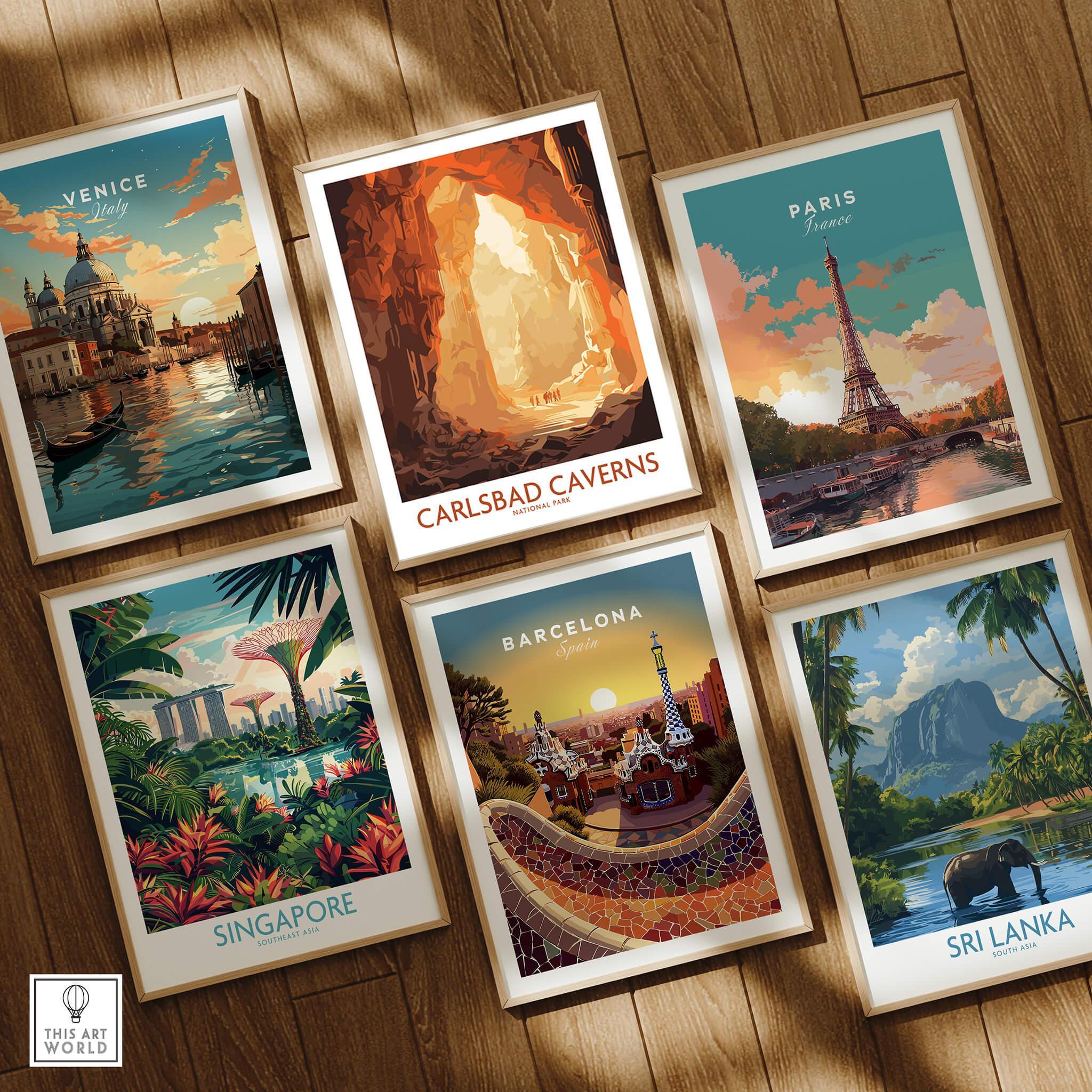 Set of six framed travel posters including Venice, Carlsbad Caverns, Paris, Singapore, Barcelona, Sri Lanka, displayed on wooden floor.