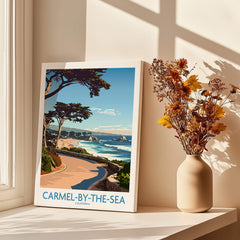 Carmel-by-the-Sea Wall Art Print showcasing a coastal view with a vase of flowers in natural light.
