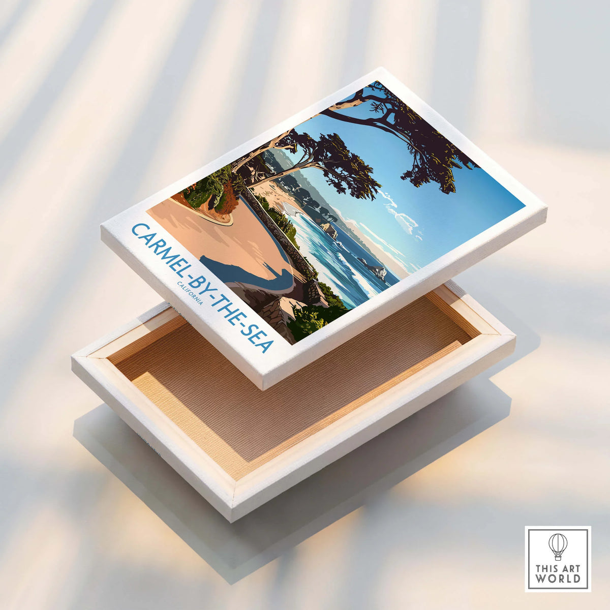 Carmel-by-the-Sea Wall Art Print showcasing a beautiful beach scene on a decorative box.