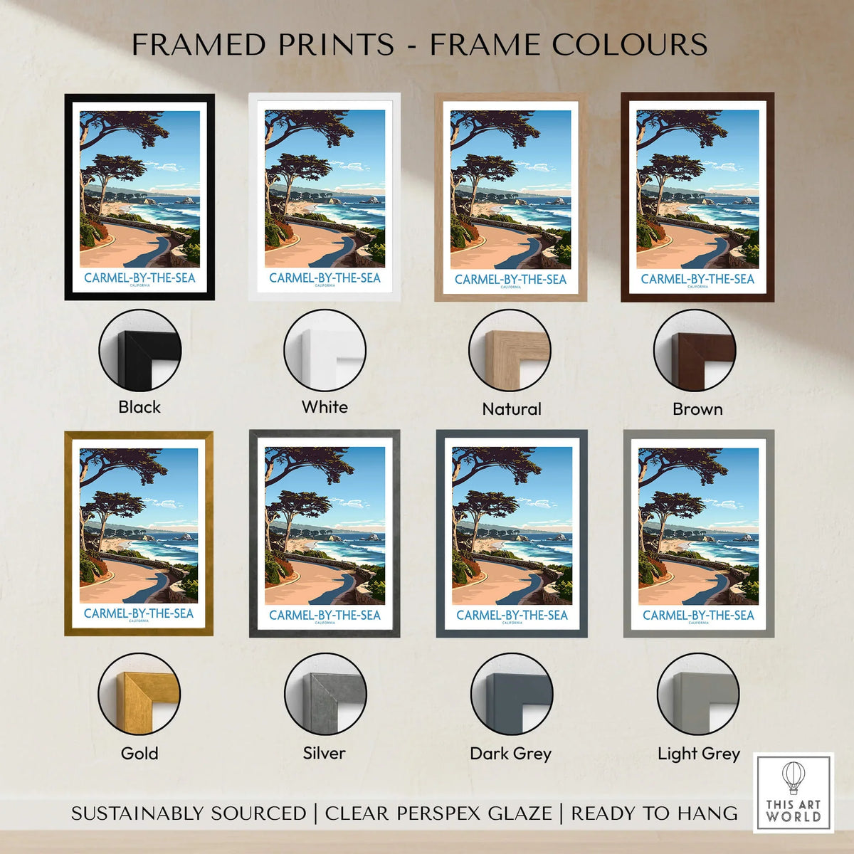 Framed Carmel-by-the-Sea Wall Art Print in various frame colors including black, white, natural, and brown.