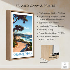 Carmel-by-the-Sea Wall Art Print framed in a wooden frame showcasing a serene beach scene.