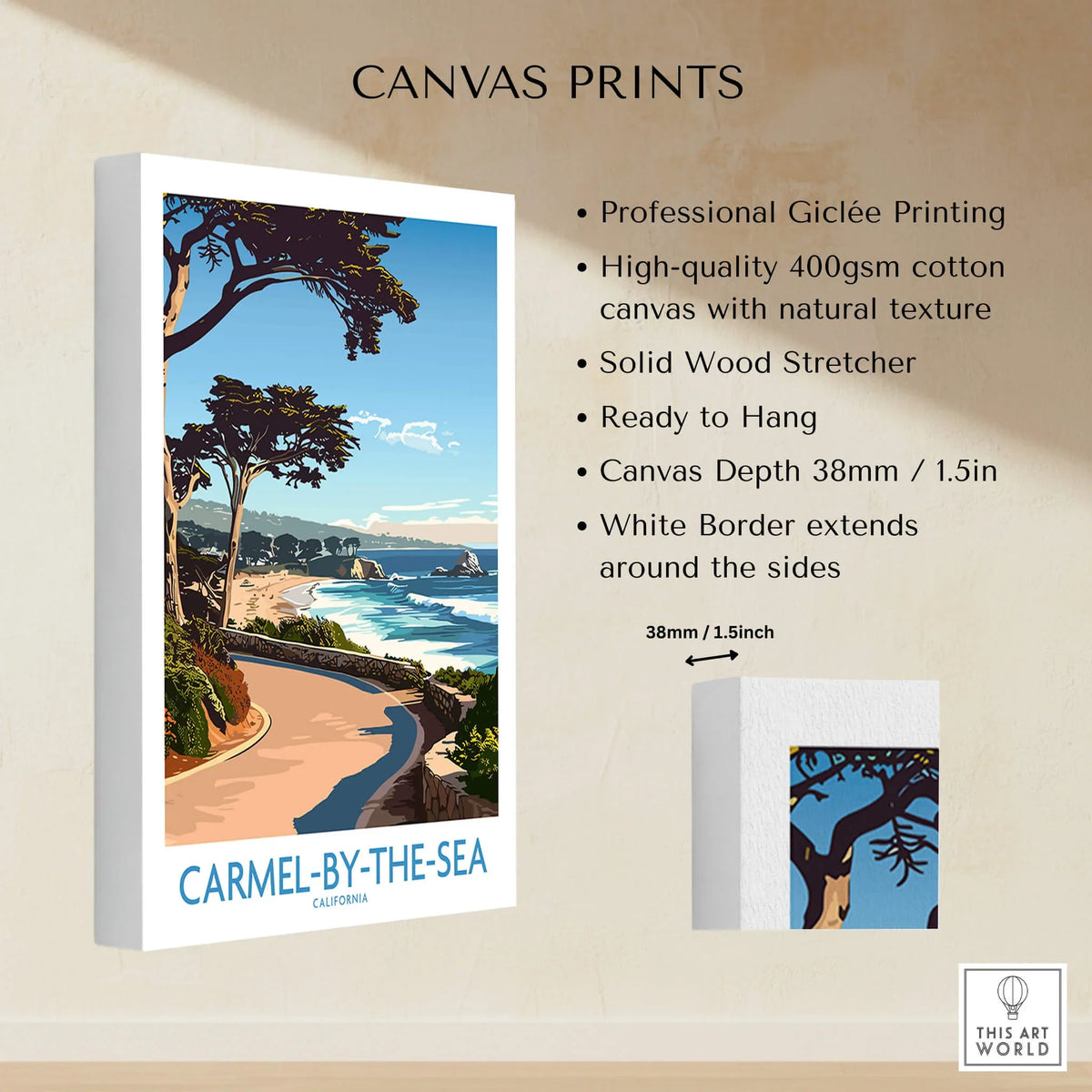 Carmel-by-the-Sea Wall Art Print featuring a beautiful coastal landscape with trees and a road.