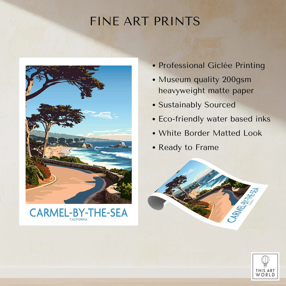 Carmel-by-the-Sea Wall Art Print featuring stunning beach scenery and eco-friendly design details.