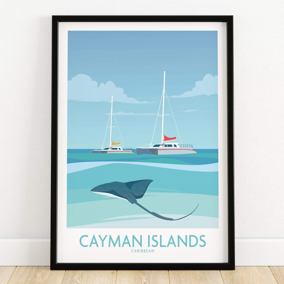 Cayman Islands Wall Art - Stingray City Poster showcasing a stingray and sailboats in tropical waters.