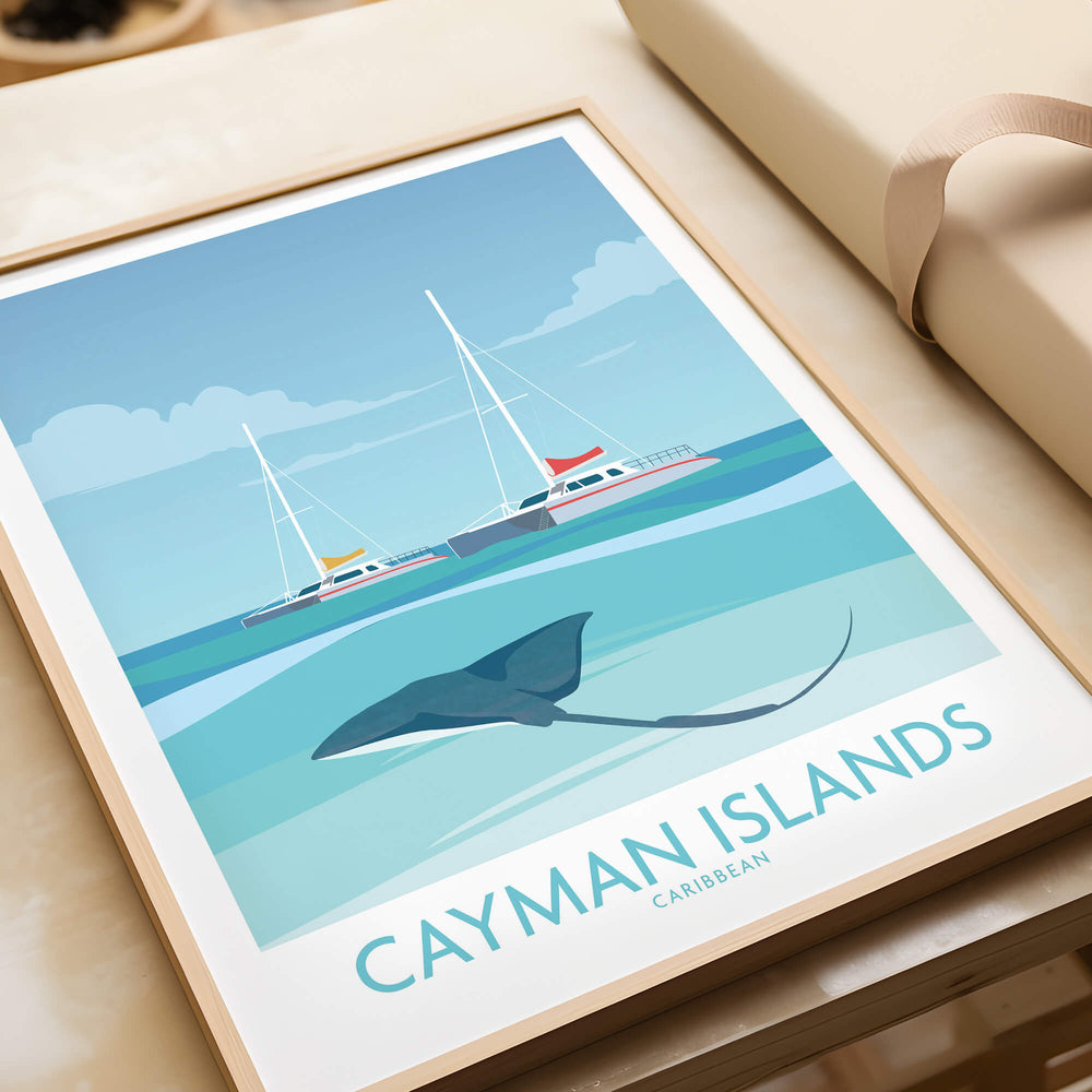 Cayman Islands Wall Art - Stingray City Poster depicting a stingray and boats in turquoise waters, perfect for travel enthusiasts.