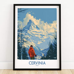 Cervinia Travel Poster -  Italy showcasing a skier against a stunning mountain backdrop in a beautiful landscape.
