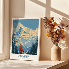 Cervinia Travel Poster - Italy showcasing a scenic mountain view with a skier, perfect for ski enthusiasts.