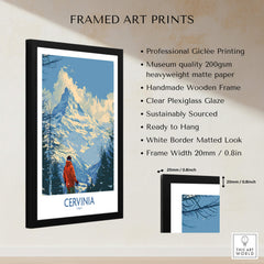 Cervinia Travel Poster -  Italy in a black wooden frame showcasing its professional giclée printing and beautiful design.