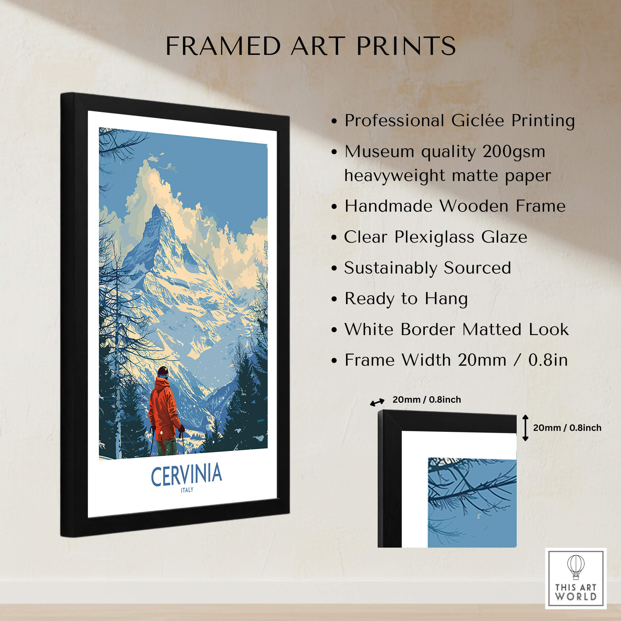Cervinia Travel Poster -  Italy in a black wooden frame showcasing its professional giclée printing and beautiful design.