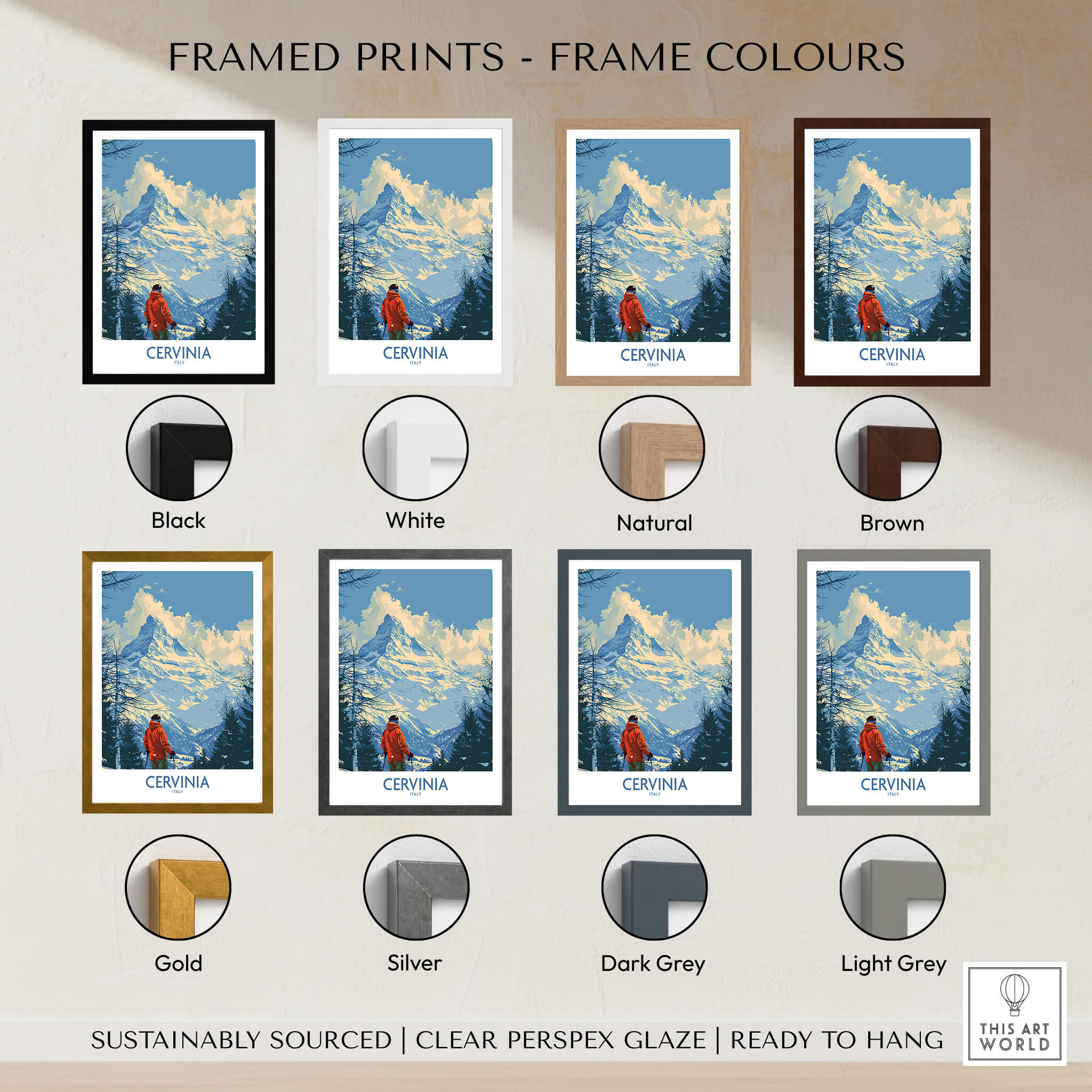 Cervinia Travel Poster - Italy framed print color options including black, white, natural, brown, gold, silver, dark grey, and light grey.