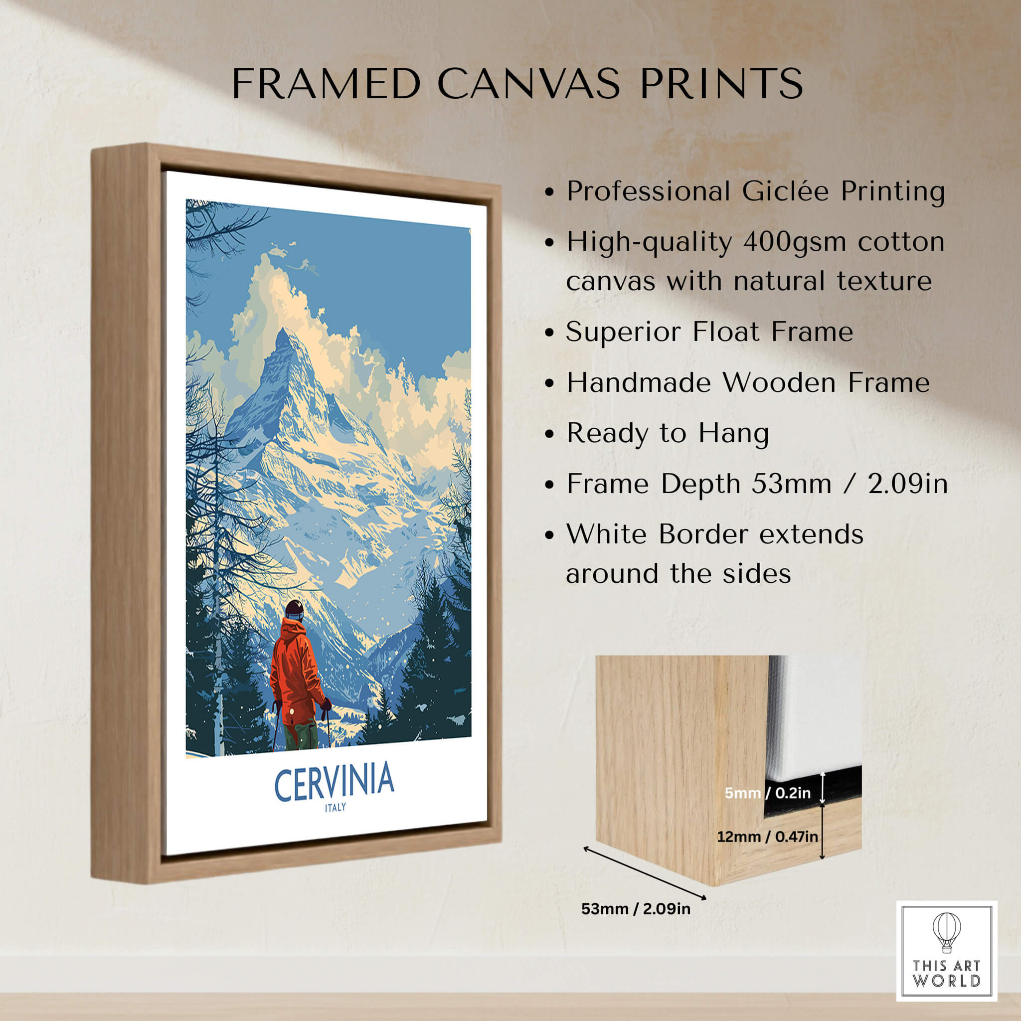 Cervinia Travel Poster - Italy framed canvas print showcasing beautiful mountain scenery and ski enthusiast.