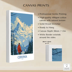 Cervinia Travel Poster -  Italy canvas print showcasing a skier against a stunning mountain backdrop.