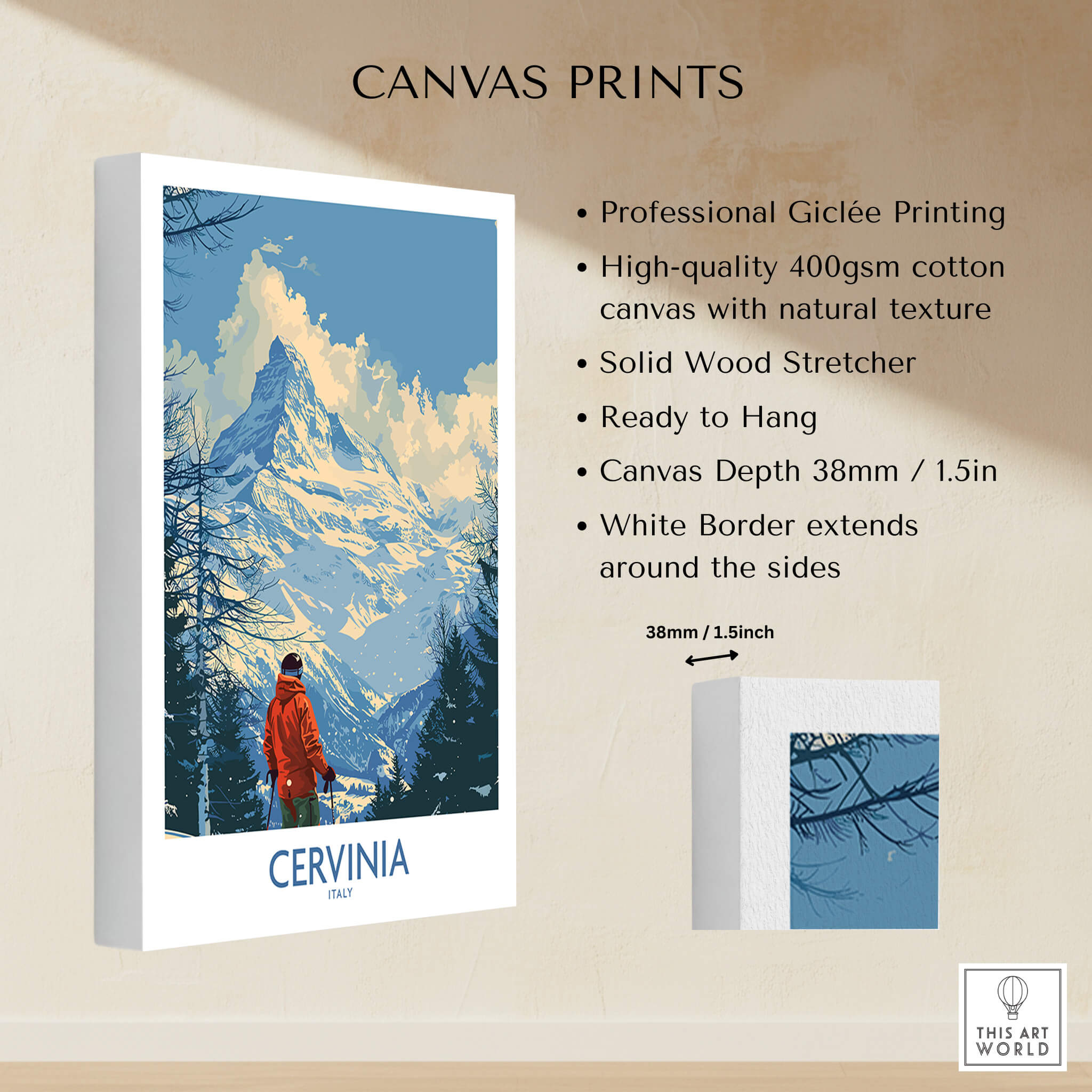 Cervinia Travel Poster -  Italy canvas print showcasing a skier against a stunning mountain backdrop.