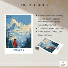 Cervinia Travel Poster - Italy featuring stunning mountain scenery and a skier, perfect for home decor.