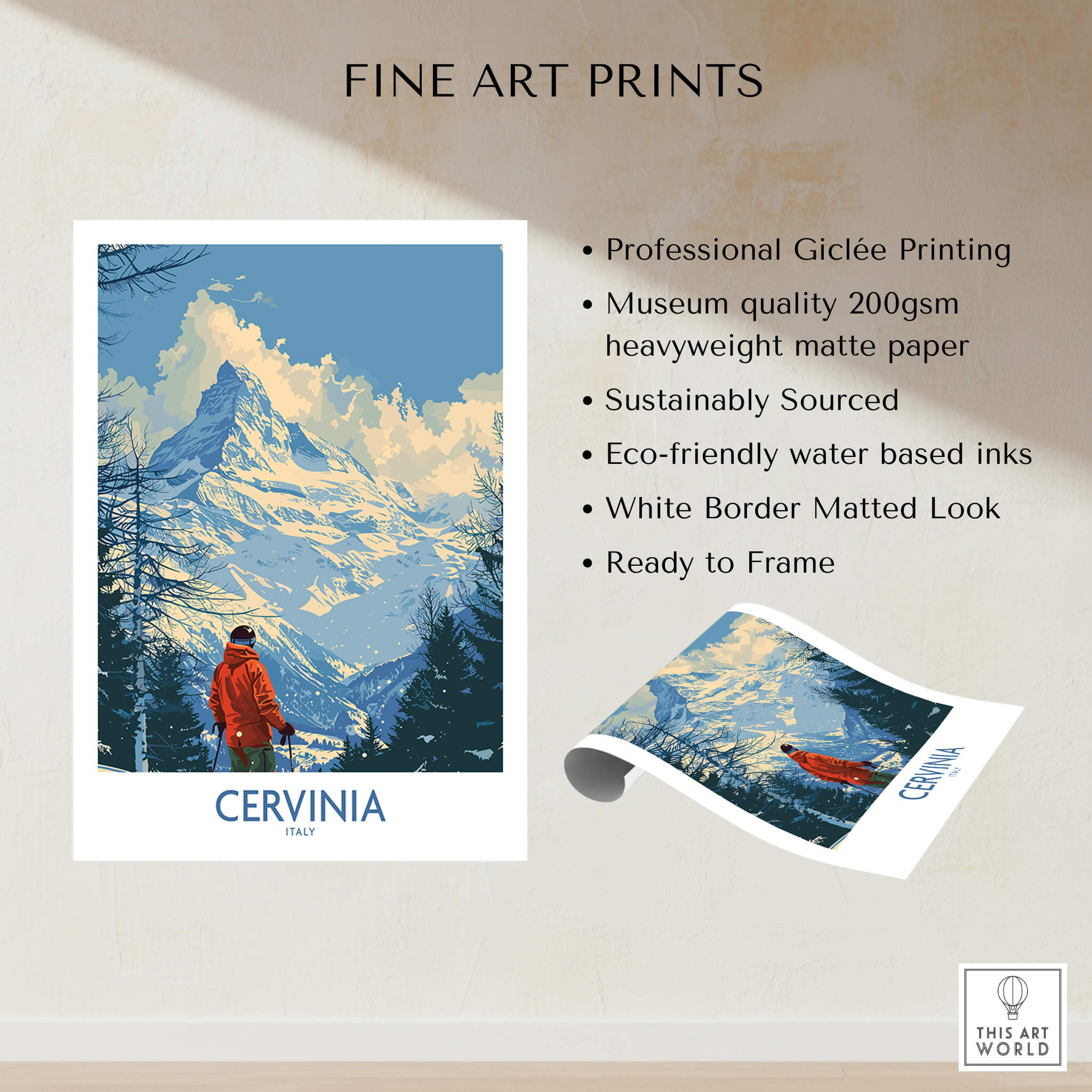 Cervinia Travel Poster - Italy featuring stunning mountain scenery and a skier, perfect for home decor.