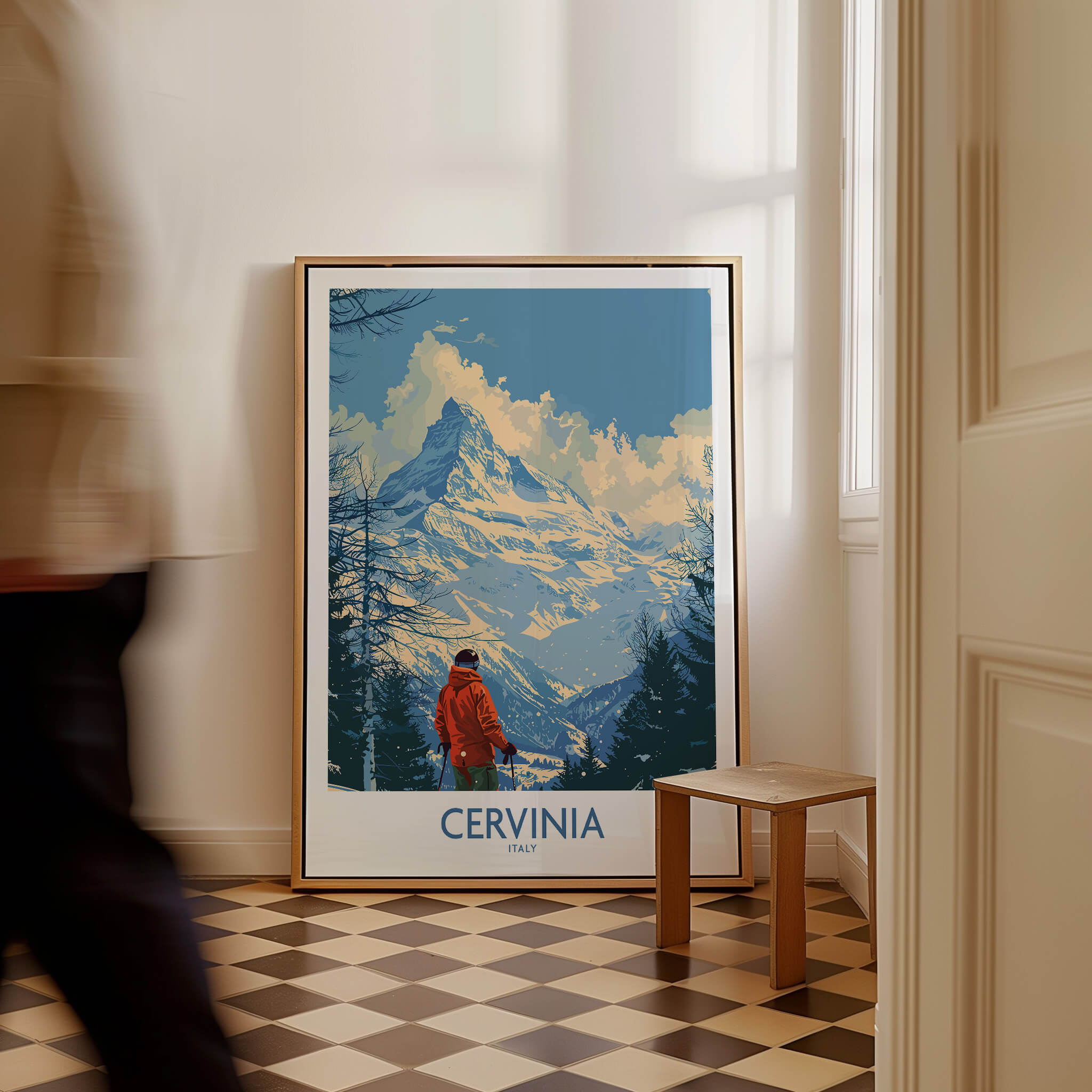 Cervinia Travel Poster - Italy featuring a skier in red against a majestic mountain backdrop.