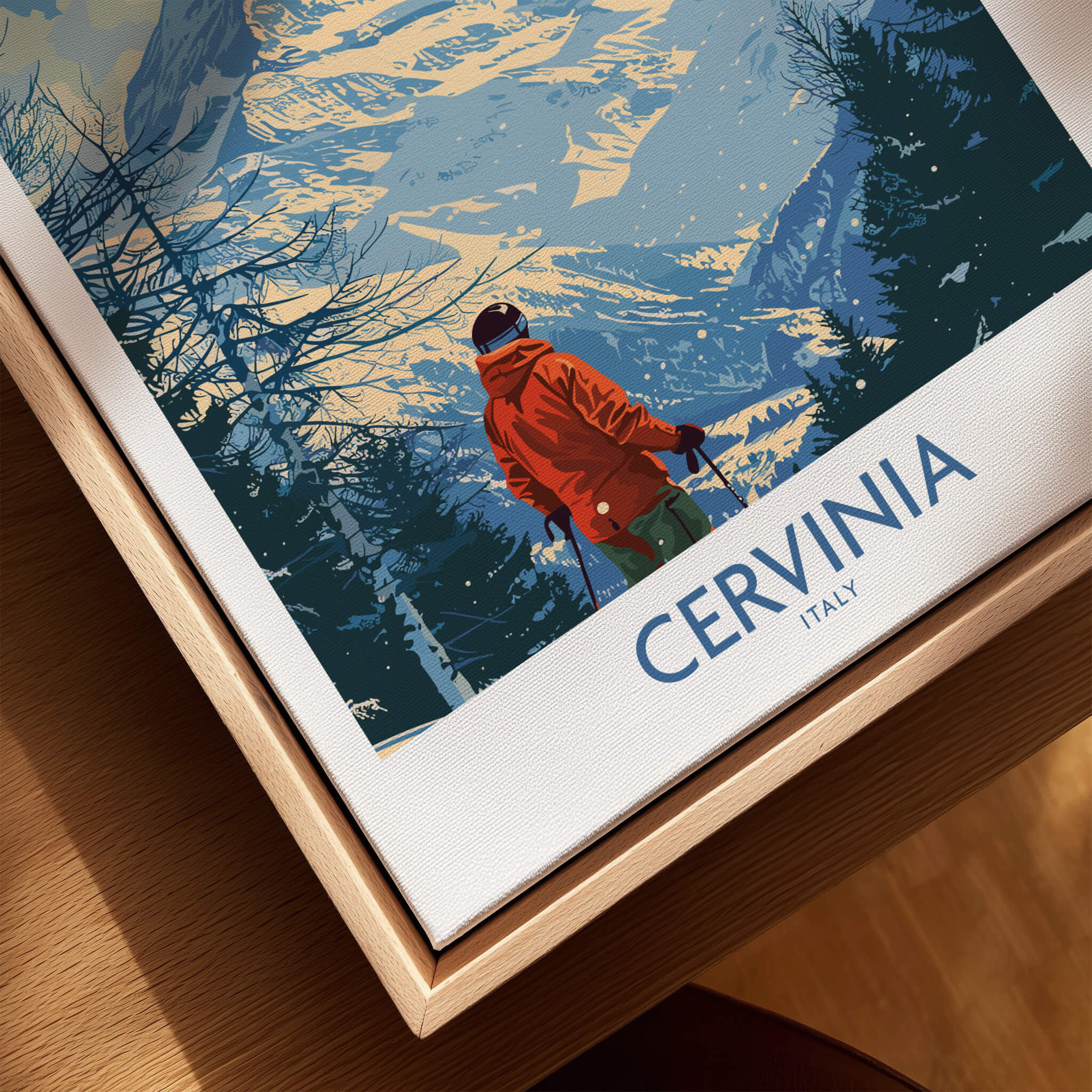 Cervinia Travel Poster - Italy featuring a skier against a snowy mountain backdrop with trees.