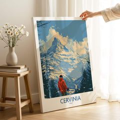 Cervinia Travel Poster - Italy featuring a ski resort landscape with a person and mountains.