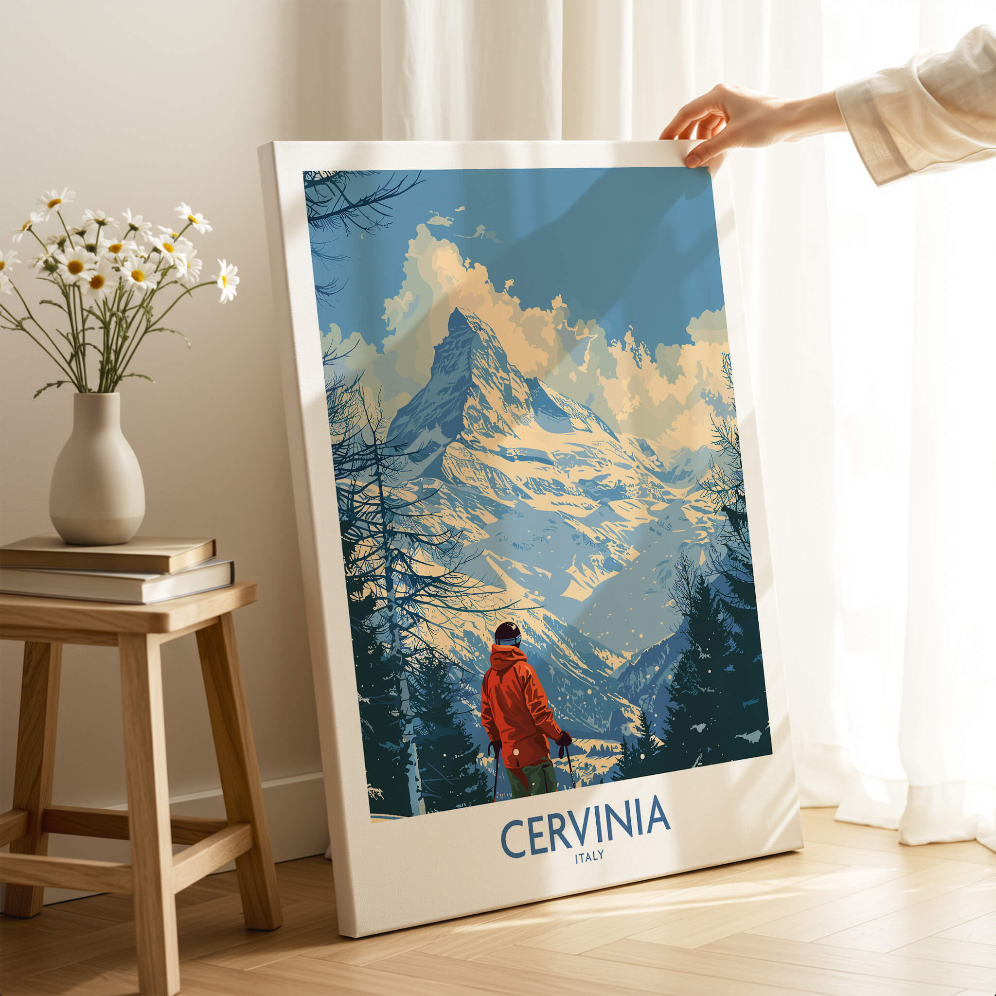Cervinia Travel Poster - Italy featuring a ski resort landscape with a person and mountains.