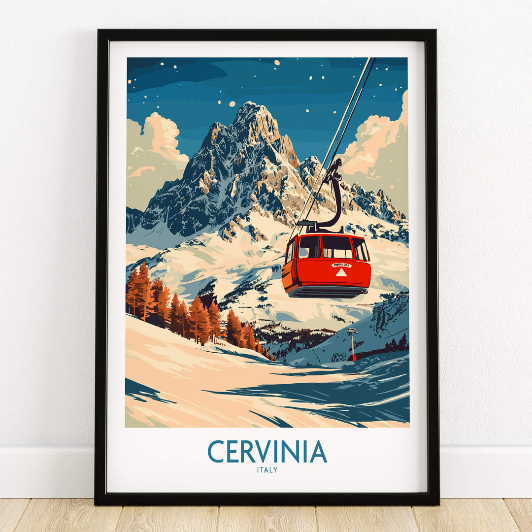 Cervinia Ski Poster featuring a ski gondola in front of majestic mountains and vibrant snow-covered landscapes.