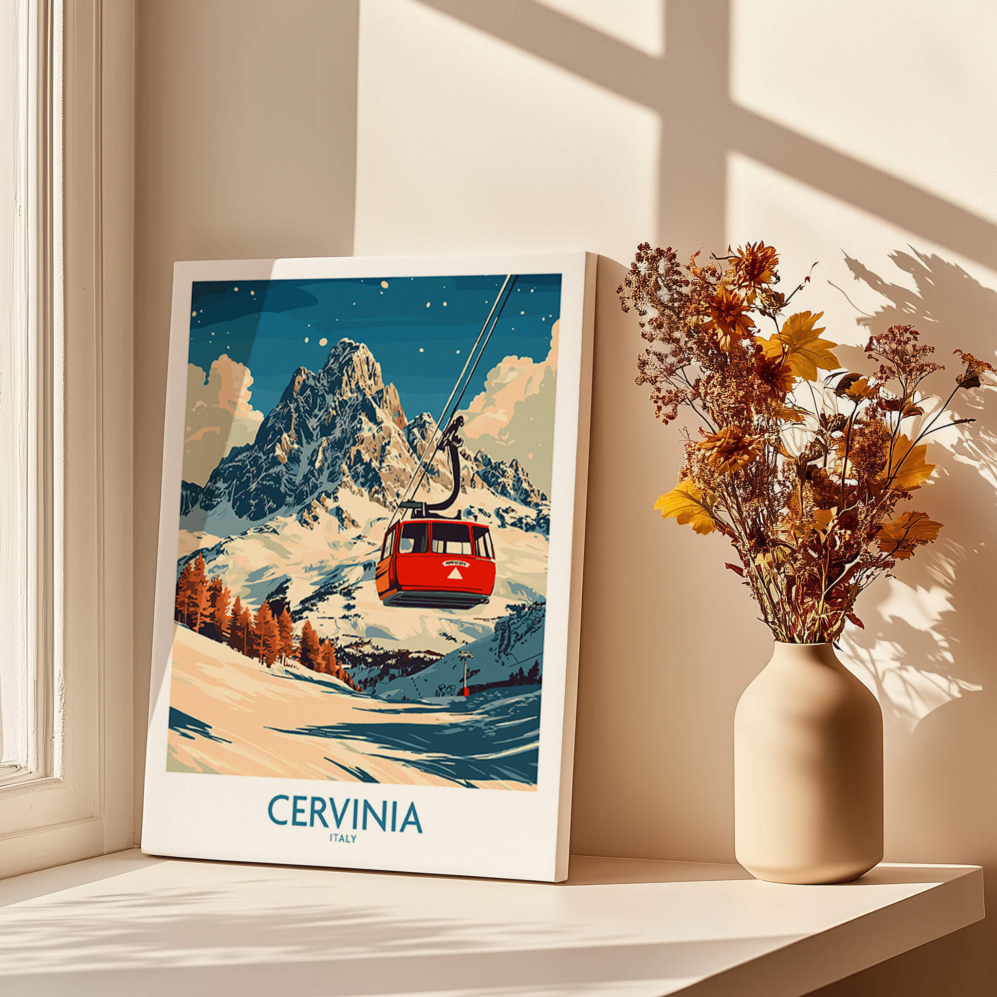 Cervinia Ski Poster featuring a scenic gondola ride with mountains and vibrant colors.