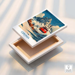 Cervinia Ski Poster showcasing a vibrant mountain scene and ski lift in stunning colors.