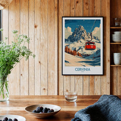 Cervinia Ski Poster showcasing a red gondola above snowy mountains and vibrant landscapes.